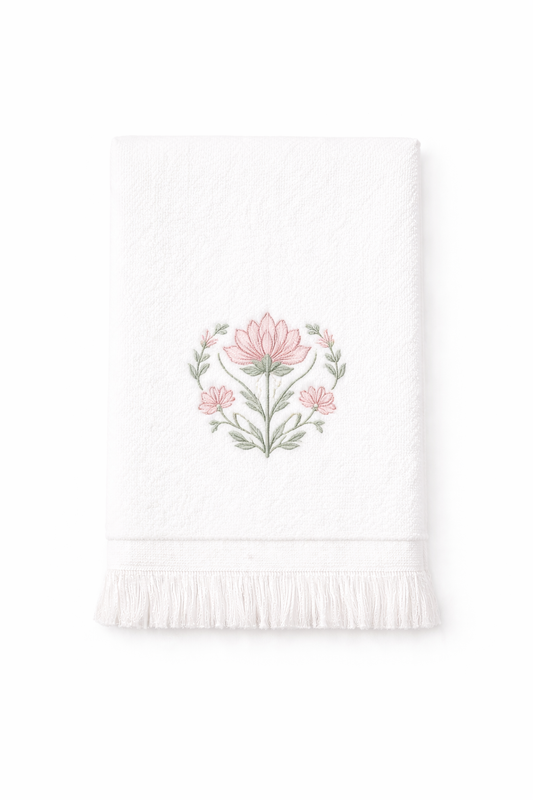 Embroidered Pink Blossom Tissue Box & Hand Towel Bundle