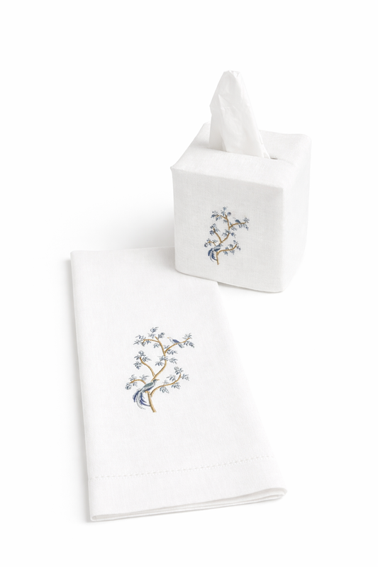 Embroidered Birds On Branch Tissue Box Cover & Hand Towel Bundle