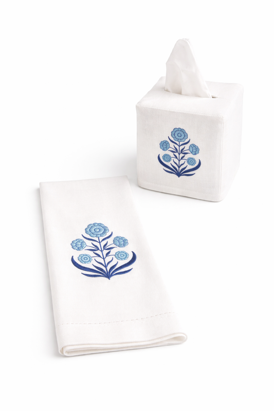Embroidered Blue Thistle Tissue Box & Hand Towel Bundle