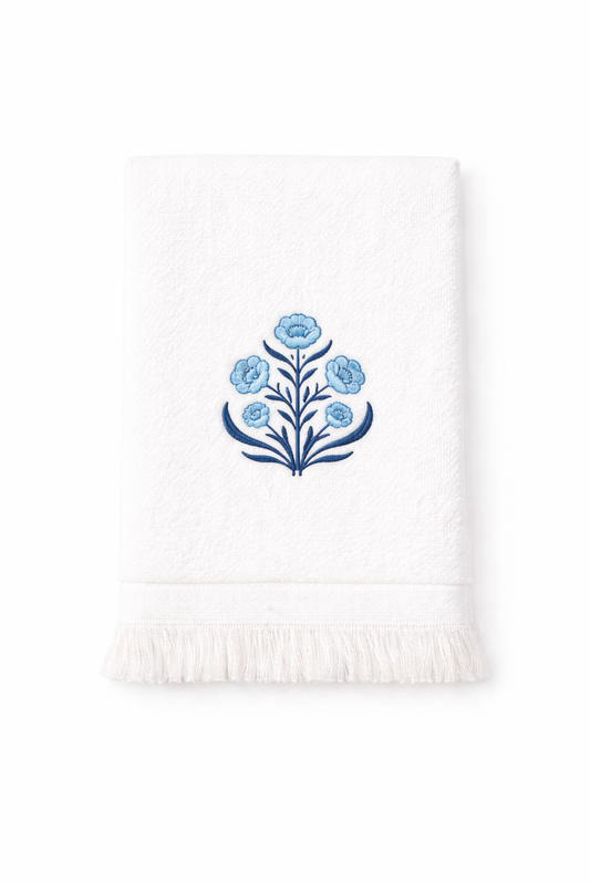 Embroidered Blue Thistle Tissue Box & Hand Towel Bundle