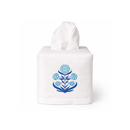 Embroidered Blue Thistle Tissue Box Cover