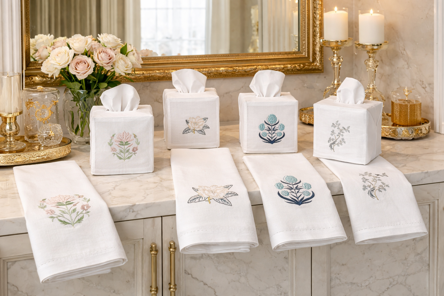 Embroidered Birds On Branch Tissue Box Cover & Hand Towel Bundle