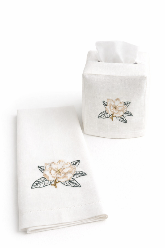 Embroidered Magnolia Tissue Box Cover & Hand Towel Bundle