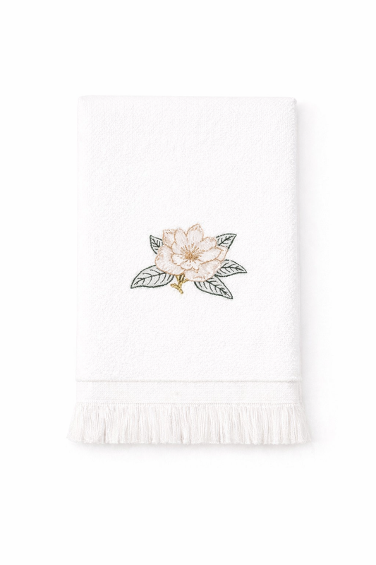 Embroidered Magnolia Tissue Box Cover & Hand Towel Bundle