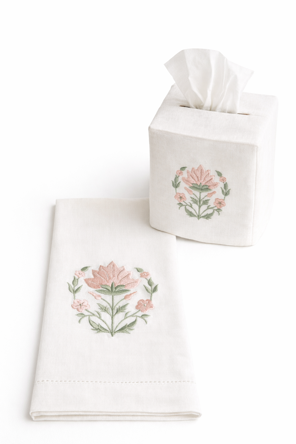 Embroidered Pink Blossom Tissue Box & Hand Towel Bundle