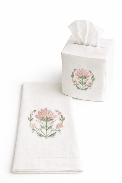 Embroidered Pink Blossom Tissue Box & Hand Towel Bundle