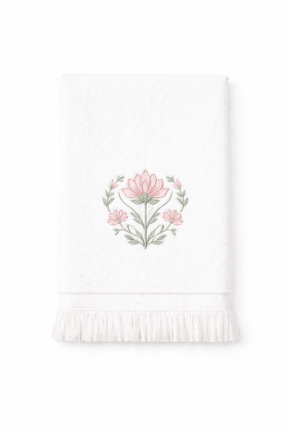 Embroidered Pink Blossom Tissue Box & Hand Towel Bundle