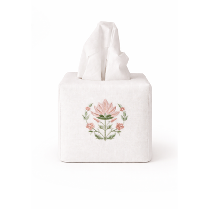 Embroidered Pink Blossom Tissue Box & Hand Towel Bundle