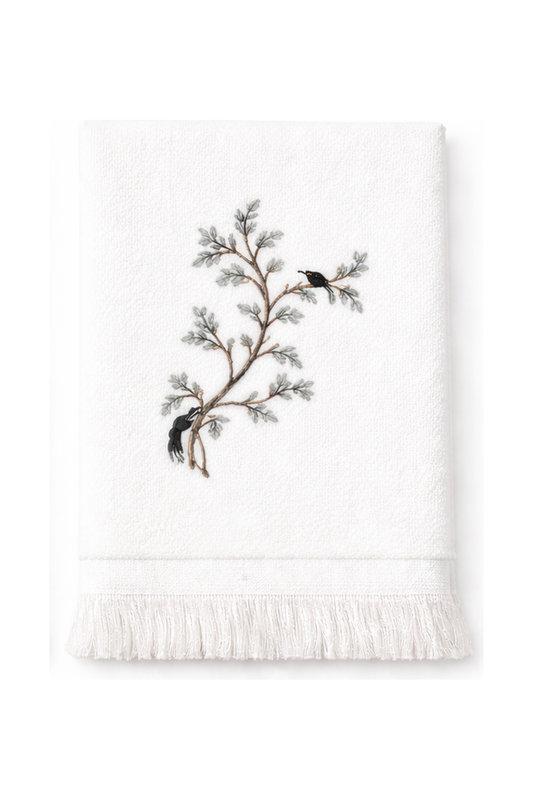 Embroidered Birds On Branch Tissue Box Cover & Hand Towel Bundle